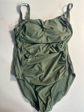 Sage Green Ruched Swim Bodysuit with Adjustable Straps